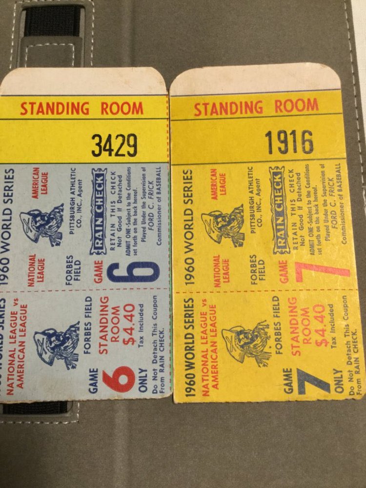 NancySpera's tweet photo. @1992Pirates My father’s standing room ticket stubs from games 6 and 7 of the 1960 World w https://t.co/MbXv2CkEhz