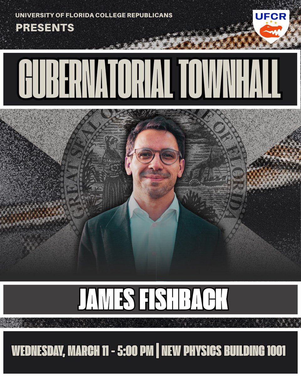 UFCR's tweet photo. HUGE EVENT:

We are honored to be hosting gubernatorial candidate James Fishback on March 11th at 5:00pm at the University of Florida New Physics Building 1001. 

This is your opportunity to hear from him and ask him any questions you might have. 

This event is open to the public, we cannot wait to host you!