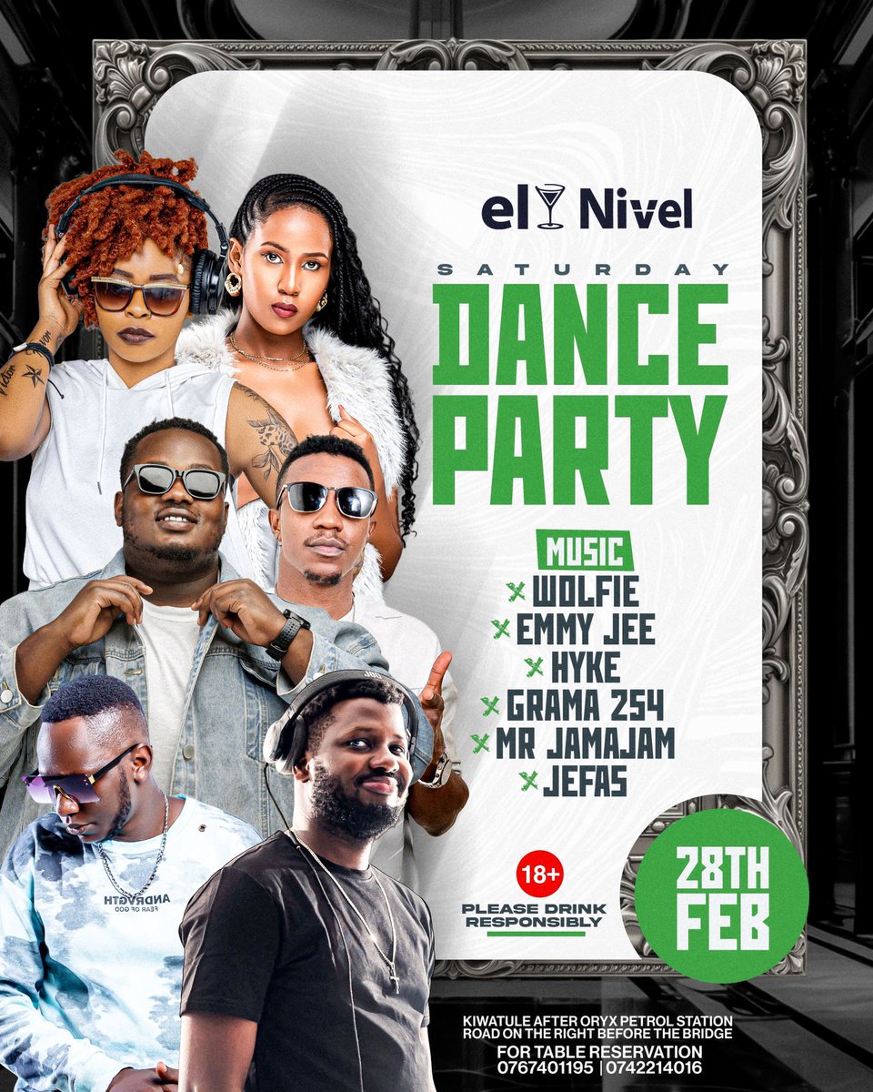 Less talk, more dance. 

​Tonight is the Saturday Dance Party at El Nivel! We’ve got Wolfie, Emmy Jee, and the whole crew spinning the best tracks until morning.

​📍 Kiwatule

🔞 18+

📞 Table Bookings: 0767401195 / 0742214016

​See you at the bar..!
