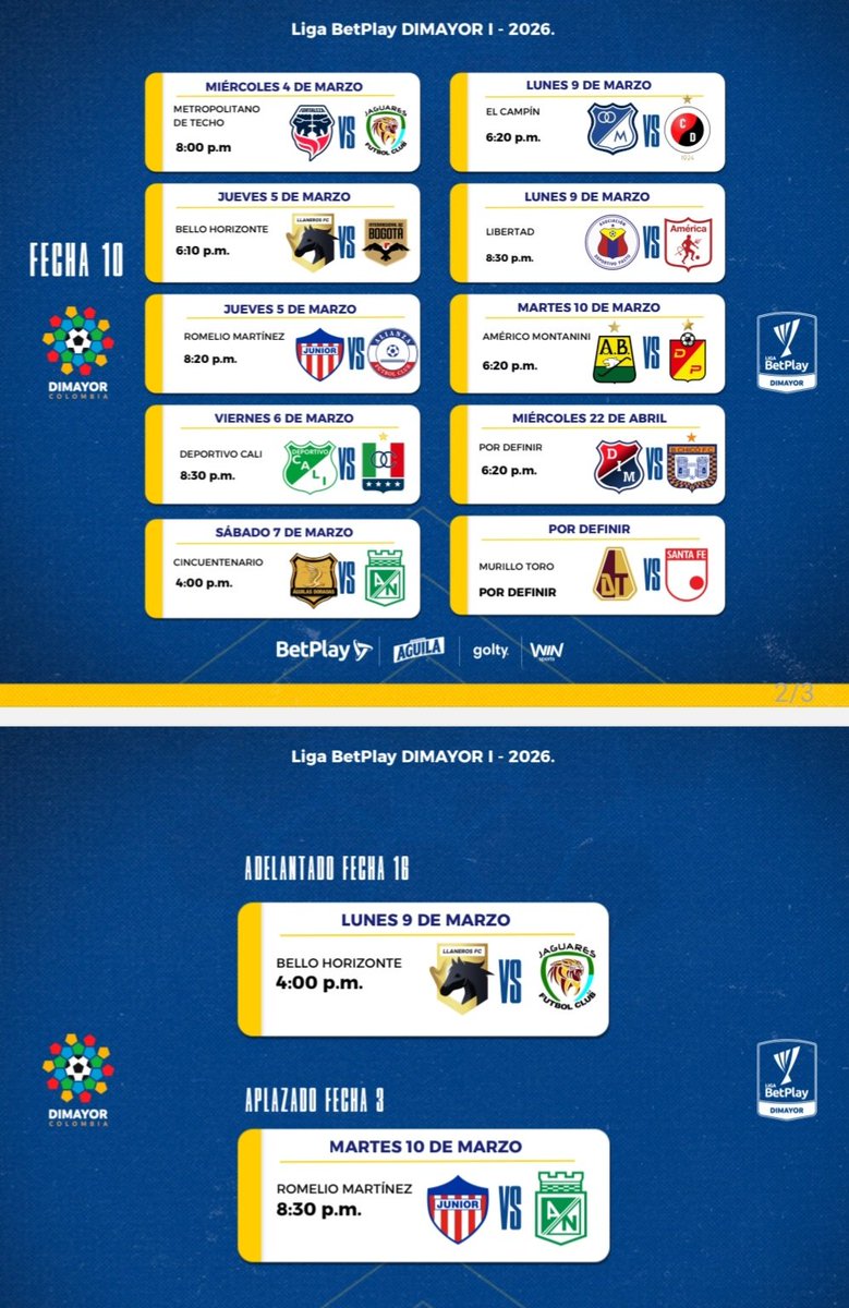 🔴🔵🟡 Confirmación de los partidos correspondientes a la fecha 10 de la <a href="/LigaBetPlayD/">LigaBetPlayDimayor</a>. <a href="/DeporPasto/">Deportivo Pasto</a> enfrenta al <a href="/AmericadeCali/">América de Cali</a> en el estadio Libertad el lunes 9 de marzo a las 8:30 p.m. Además se programó un juego aplazado de la jornada 3 y uno adelantado de la fecha 16.