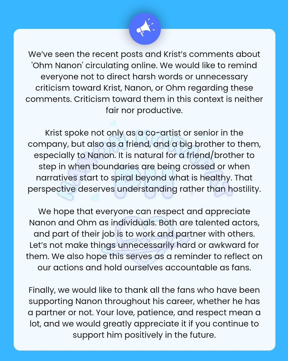 nanonkorapatPH's tweet photo. [📌 Nanon Korapat PH statement]

A reminder to respect the artists individually.

We hope everyone reflects on their actions as fans, and continues supporting Nanon positively, and shows respect for him and his colleagues 🙏

#mynameisnanon #nanon_korapat https://t.co/sTKqCHqKov