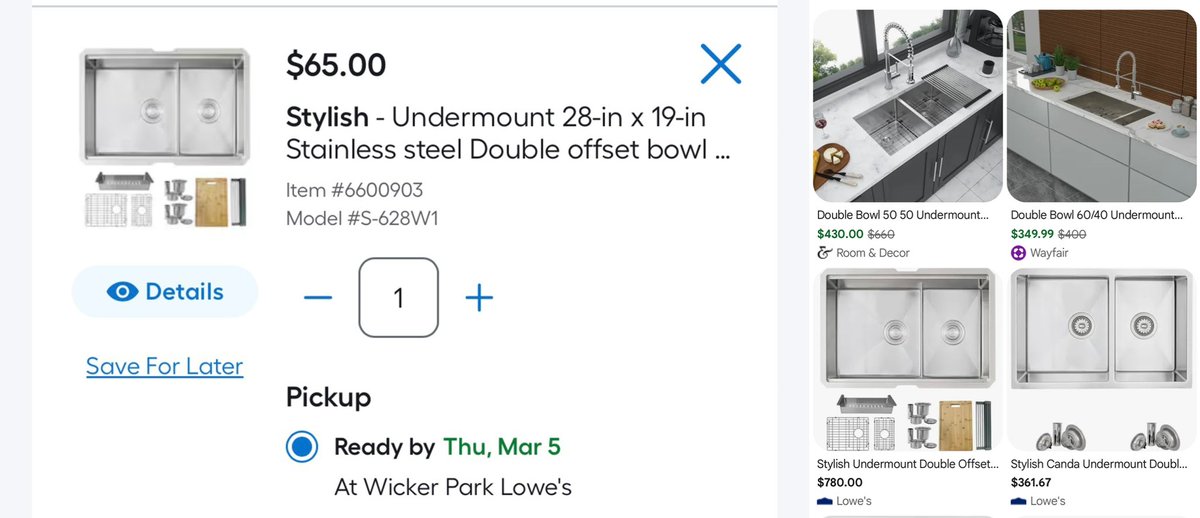 GlitchedDeals's tweet photo. $450 SINK GLITCHING FOR $65 AT LOWES

Price drops when added to cart, check for pickup

Similar sinks are currently going for $350+ at other retailers

https://t.co/mHjXiXgtnI https://t.co/haAkjBp7Ho