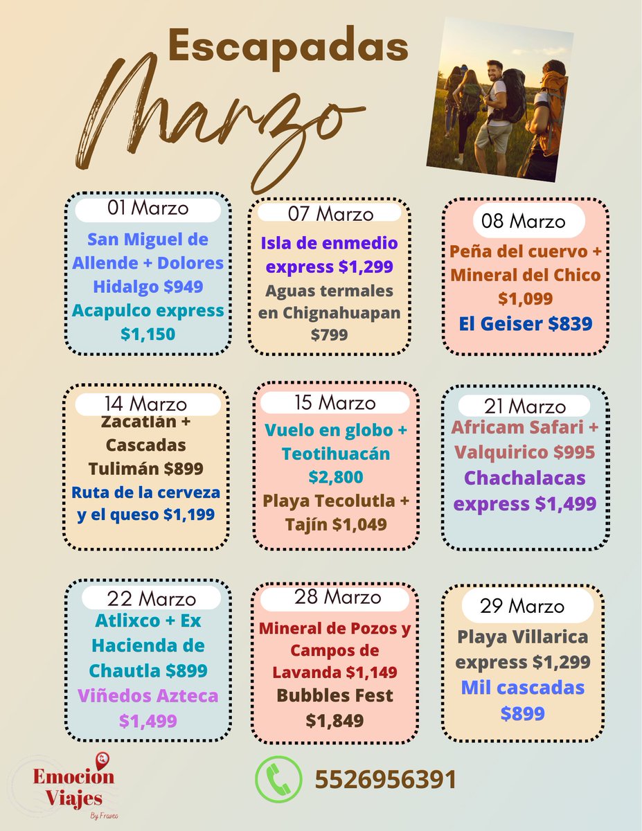 EmocionViajes's tweet photo. Tenemos para ti nuestro calendario de las escapadas para el mes de marzo 😃
Si deseas algún itinerario envíanos mensaje al 55 2695 6391
#escapadas #tours #excursiones #viajes #viajeros #ViajerosFrecuentes #emocionviajes #viajapormexico https://t.co/hmBlQ9Hty2