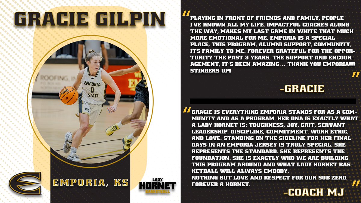 ESUHornetsWBB's tweet photo. 💛Senior week!🖤

Thank you Gracie! We're so lucky to have the hometown kid as a leader for this team and so thankful for the heart and dedication you put on the court day in, day out.

Once a Lady Hornet, always a Lady Hornet. 🐝

#BuzzDifferent #StingersUp https://t.co/Mvi704FeBb