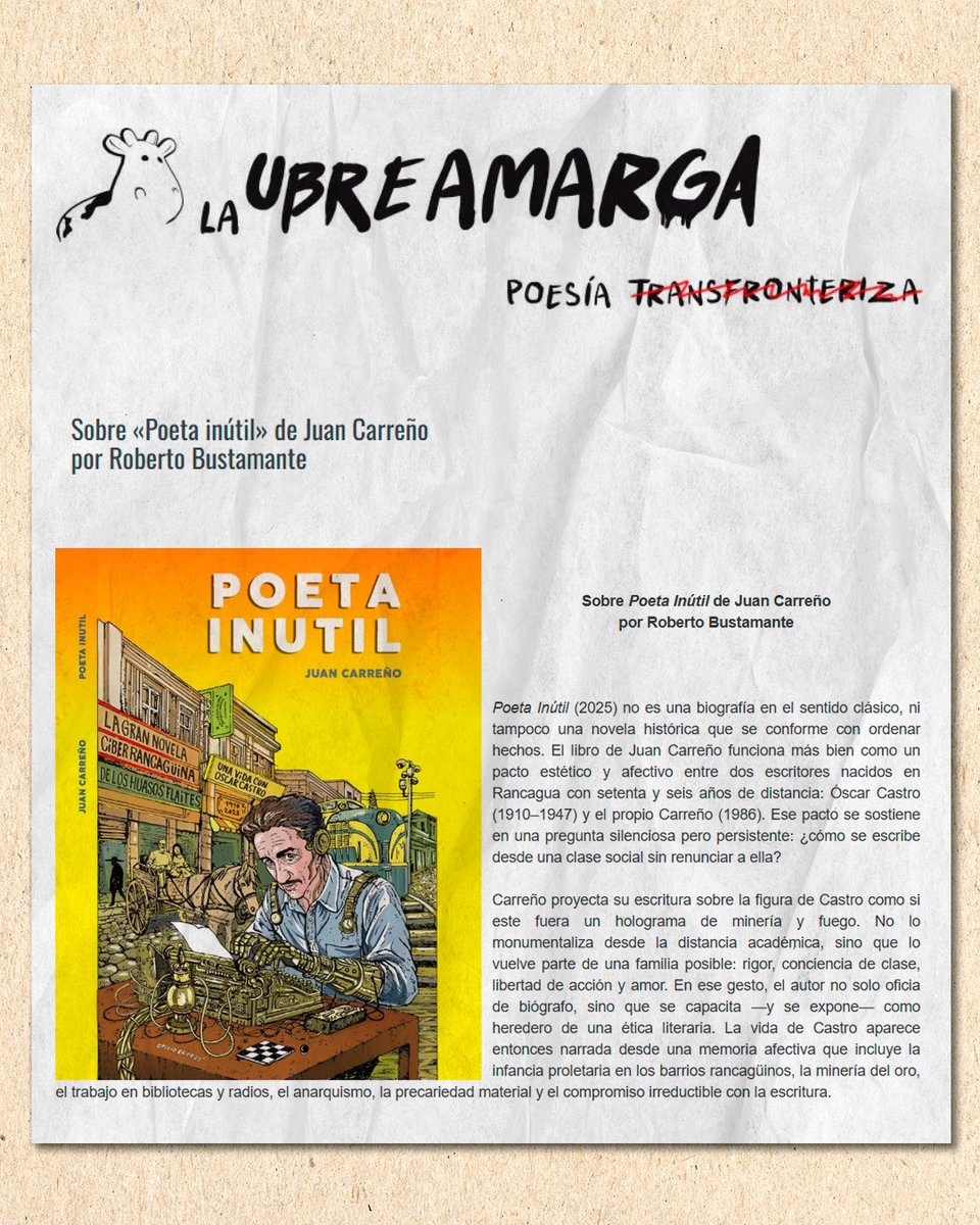 laubreamarga's tweet photo. Cerramos la semana con una reseña de Roberto Bustamante, acerca de "Poeta inútil" de Juan Carreño.

Clic en el enlace o la bio
https://t.co/wqmUgsqDb0 https://t.co/1pwMZLG6Tg