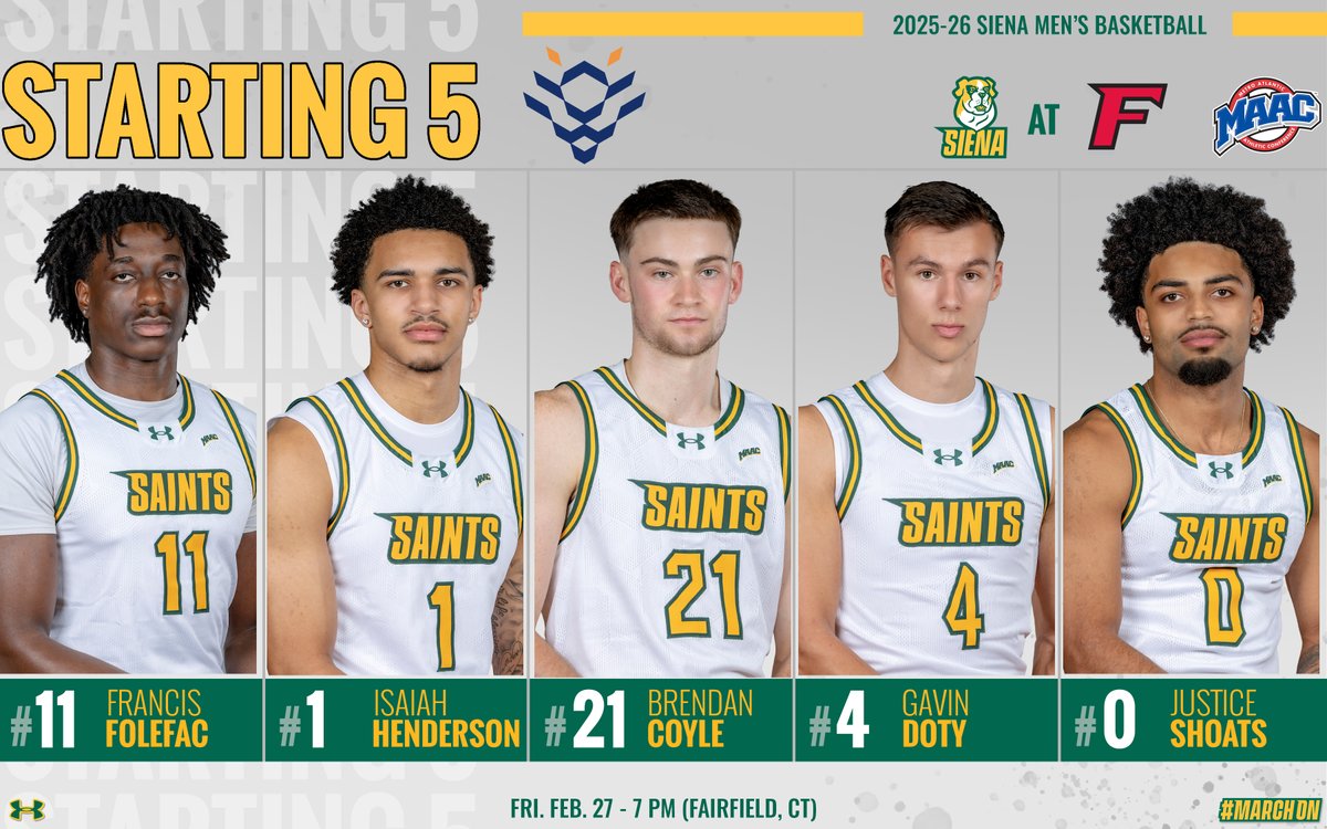 SienaMBB's tweet photo. π With Antonio Chandler inactive tonight, freshman @zay_henderson2 will make his first collegiate appearance in the Empire #StartingFive
Tip-off from Fairfield coming up at the top of the hour on @ESPNPlus and @JAMZ963
#MarchOn https://t.co/rWs9C37tah