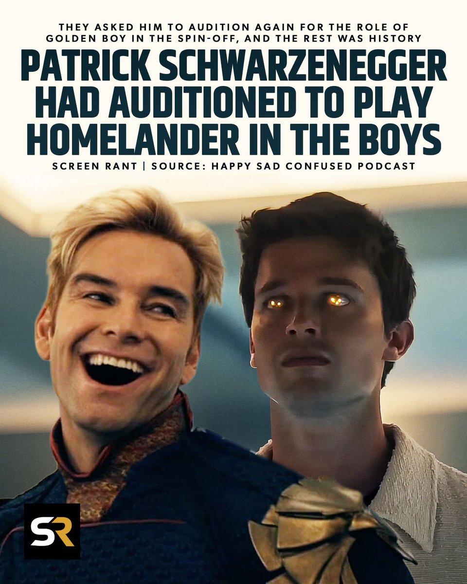 screenrant's tweet image. ICYMI: Patrick Schwarzenegger auditioned to play Homelander in #TheBoys but didn't get a callback. 💔

The franchise's creators eyed him for a different role and he was cast as Golden Boy in #GenV. 💛 bit.ly/4auEo9U