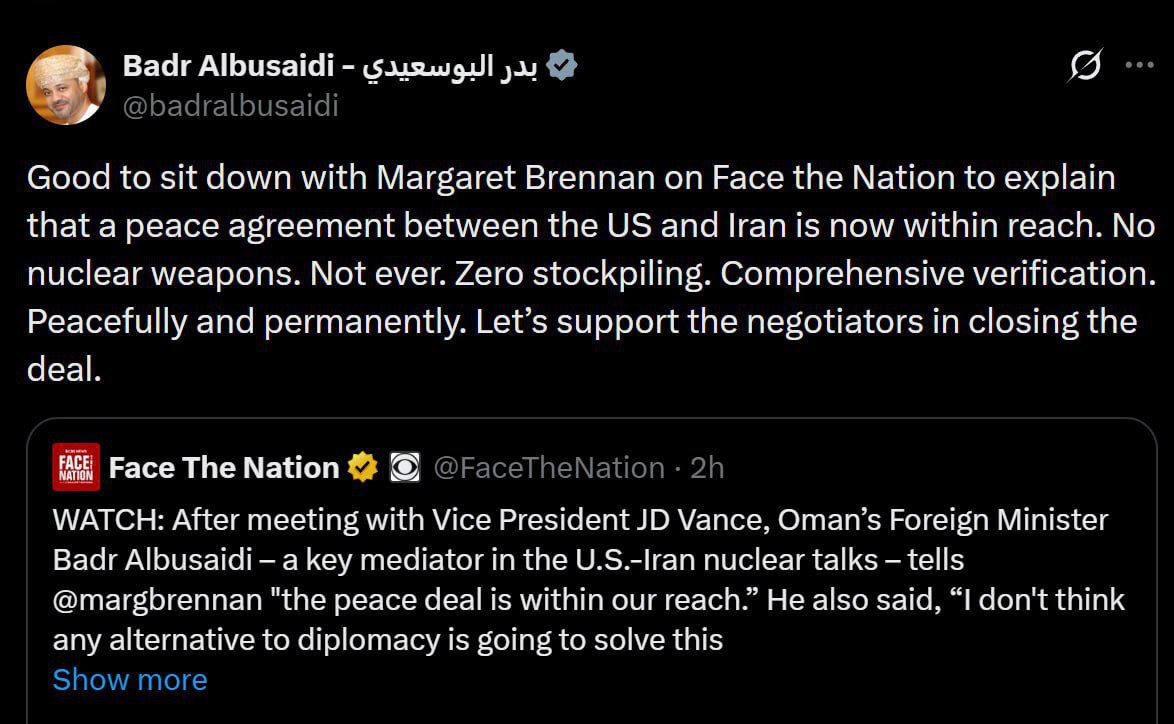 javadfiber's tweet photo. وزیر خارجه عمان  
خوب بود که با مارگارت برنان در برنامه Face the Nation نشستیم تا توضیح دهیم که اکنون توافق صلح بین آمریکا و ایران در دسترس است
هیچ سلاح هسته‌ای هرگزهیچ انباشت صفر راستی‌آزمایی جامع به صورت مسالمت‌آمیز و دائمی بیایید از مذاکره‌کنندگان در بستن این توافق حمایت کنیم https://t.co/ah43bKL2gJ