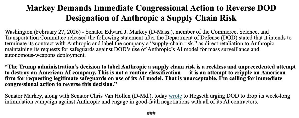 SenMarkey's tweet photo. My statement demanding immediate congressional action to reverse DOD's designation of Anthropic a supply chain risk. https://t.co/iBW9jhGKkt
