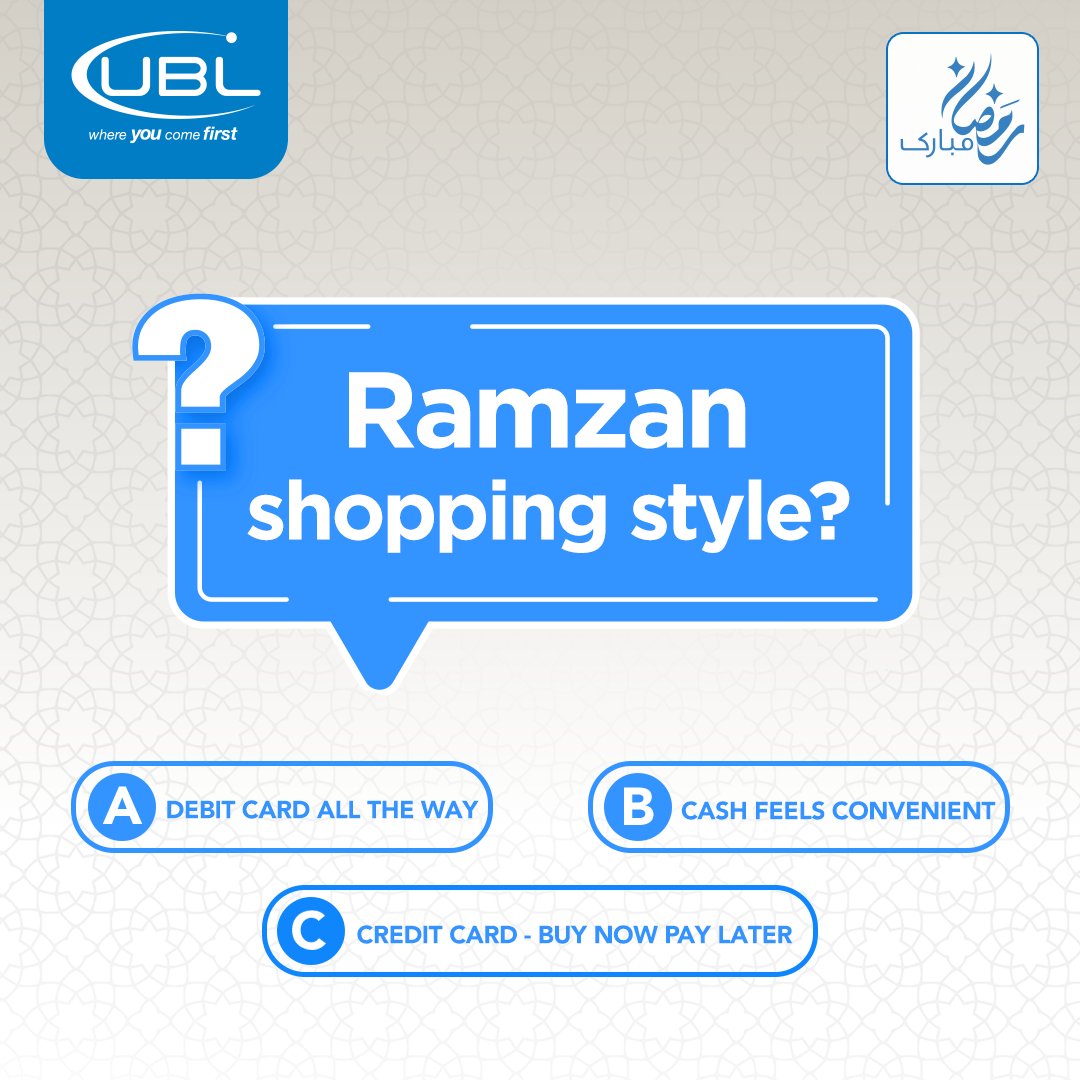 UBLDigital's tweet photo. Ramzan prep is in full swing! 🛍️
How do you prefer to handle your Eid shopping?
Select your style:
A) Debit Card all the way 💳
B) Cash feels convenient 💵
C) Credit Card - Buy Now Pay Later 🎁
Cast your vote below! 👇
#UBL #WhereYouComeFirst #RamzanMubarak #RamzanShopping https://t.co/bVXK1QiFyN