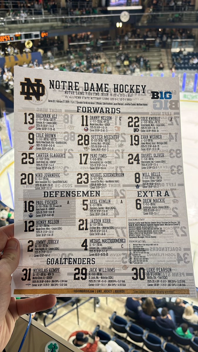 RMBCSN's tweet photo. Nick Kempf back on the line chart for ND after leaving last Thursday’s contest at MSU. He didn’t play Friday, but if he suits up tonight it will be a big boost for the Irish as they host No. 5 Penn State.

On @WVFI_Sports with Charlie Morris and Jack Rinaldi at 7! https://t.co/jEbeziHdet