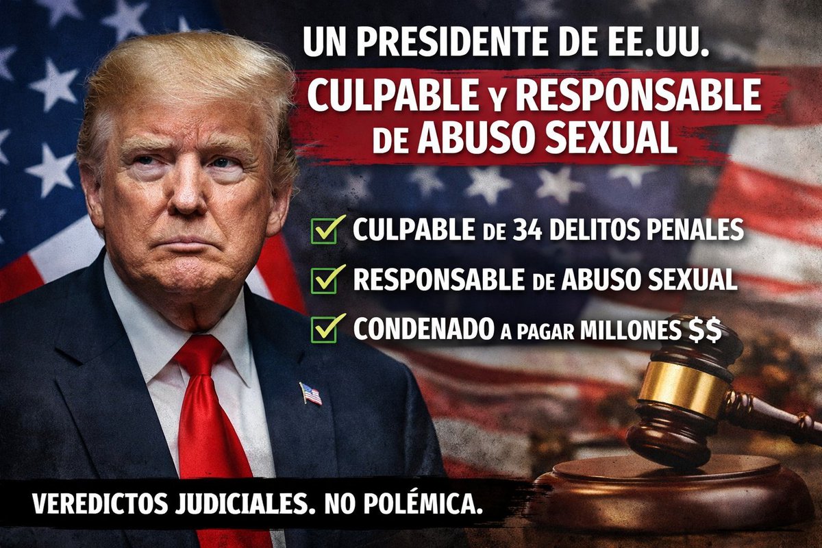 La realidad es incómoda, pero es oficial.
Un presidente de Estados Unidos, Donald Trump, fue:
 Declarado CULPABLE de 34 delitos penales por un jurado en Nueva York.
 Declarado RESPONSABLE de abuso sexual en un tribunal civil federal.
 Condenado a pagar decenas de millones de