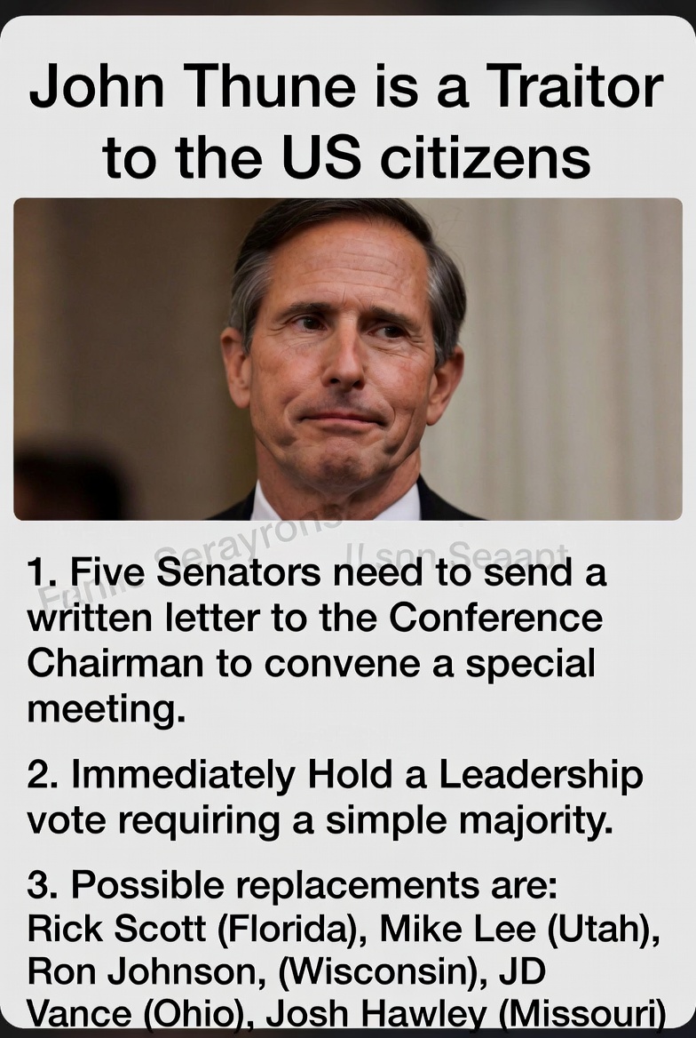 Voters need to Trust the Voting system and to start Trusting the Republican party.

It is past time to replace RINO John Thune as Senate Leader.   Find Five senators to hold a meeting to nominate replacements for John Thune.
<a href="/POTUS/">President Donald J. Trump</a>
<a href="/SpeakerJohnson/">Speaker Mike Johnson</a>
<a href="/LeaderJohnThune/">Leader John Thune</a>
<a href="/SenateGOP/">Senate Republicans</a>