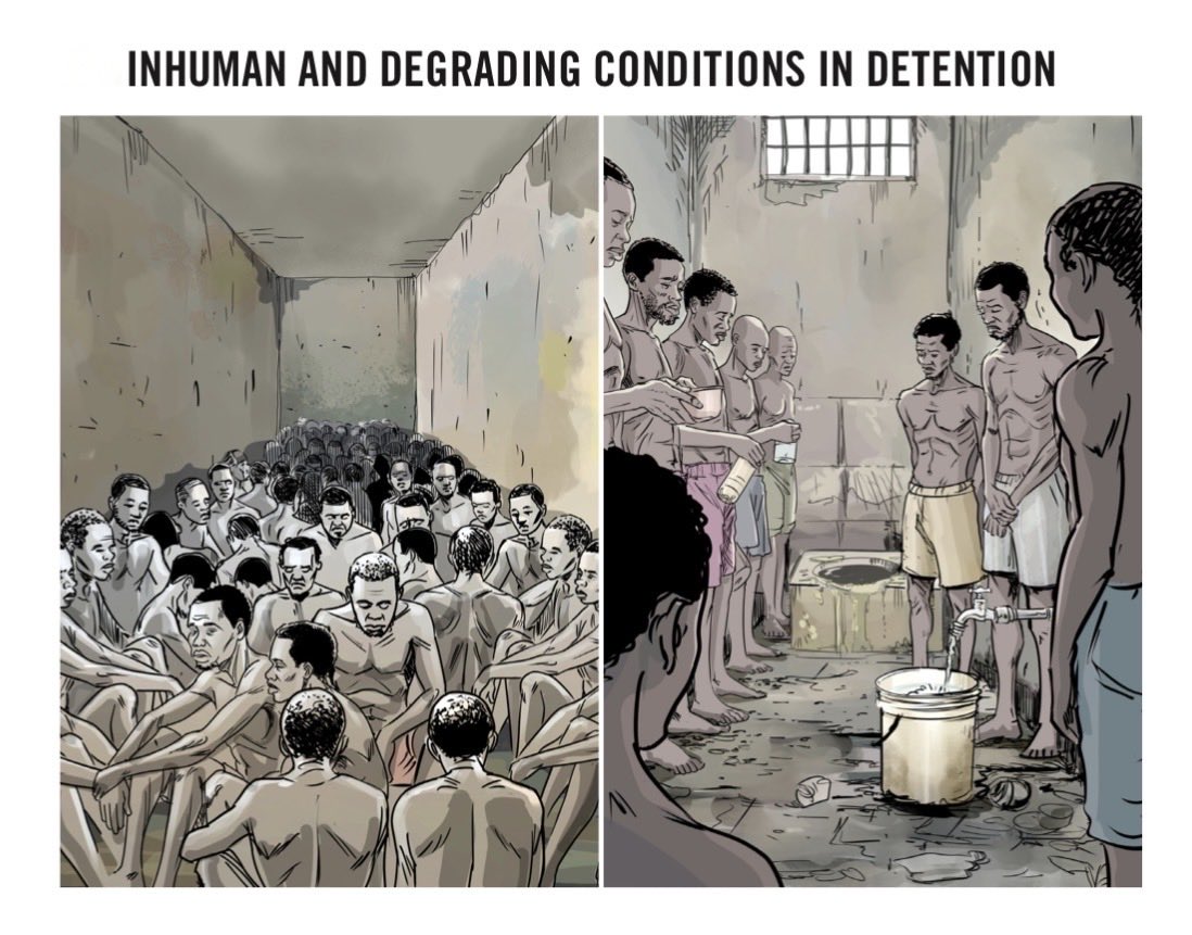 Tiger Base police detention centre Owerri Imo state has four main detention cells: 1, 2, 3, and 4. Each cell measures approximately 12 by 12 feet but holds over 70 detainees crammed inside. The cells are inadequately ventilated. There is no space to sit or lie down properly;