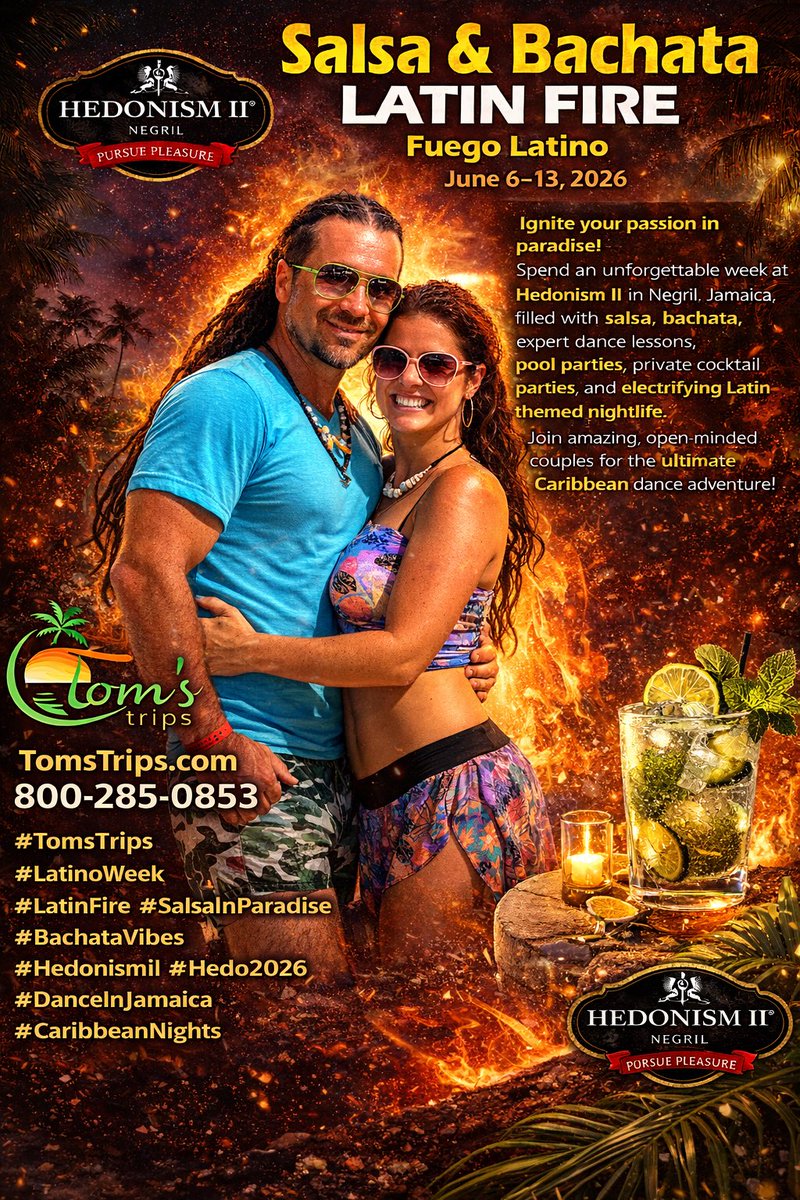 SALSA &amp; BACHATA – LATIN FIRE
Fuego Latino | June 6–13, 2026
Hedonism II – Negril, Jamaica

Turn up the heat in paradise with a full week of salsa, bachata, poolside vibes, and unforgettable Caribbean nights!

Join us for expert dance lessons, high-energy parties, and electrifying