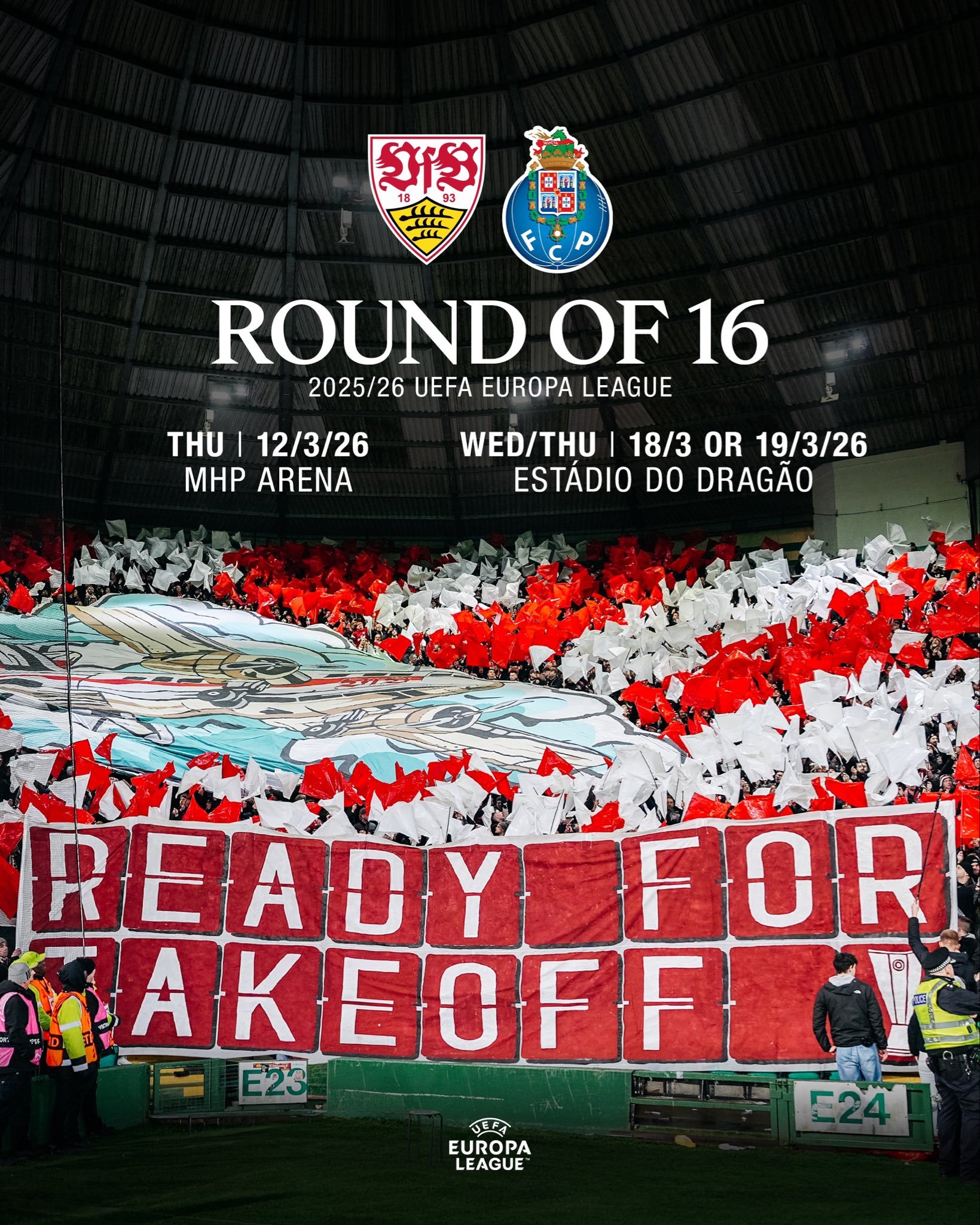 تعرف على مواعيد مباريات شتوتجارت في دور 16 للدوري الاوروبي. الذهاب. 12/3/2026. شتوتغارت بورتو. 20:45 مكة المكرمة. MHP ارينا : شتوتغارت. الإياب. 18,19/3/2026. بورتو شتوتغارت. 23:00 مكة المكرمة. ملعب الدراغاو بورتو 