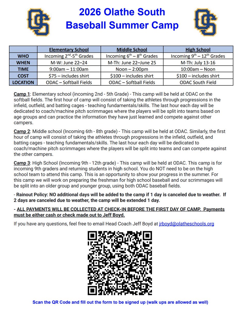 Summer camp information for Elementary, Middle, and High School below. Scan the QR code and we would love to see all of our future and current Falcons this summer!