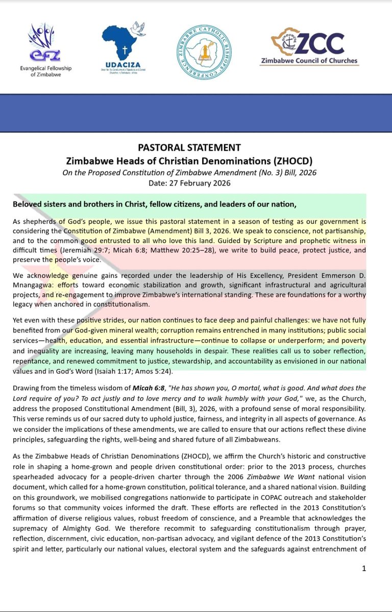 NgarivhumeJ's tweet photo. The Zimbabwe Heads of Christian Denominations Bishops have issued the strongest rebuke to ED yet, about his intention to #illegally and #corruptly extend his term and deny the people of Zimbabwe the right to directly elect the president, #OneManOneVote. https://t.co/I9K7ddenaw