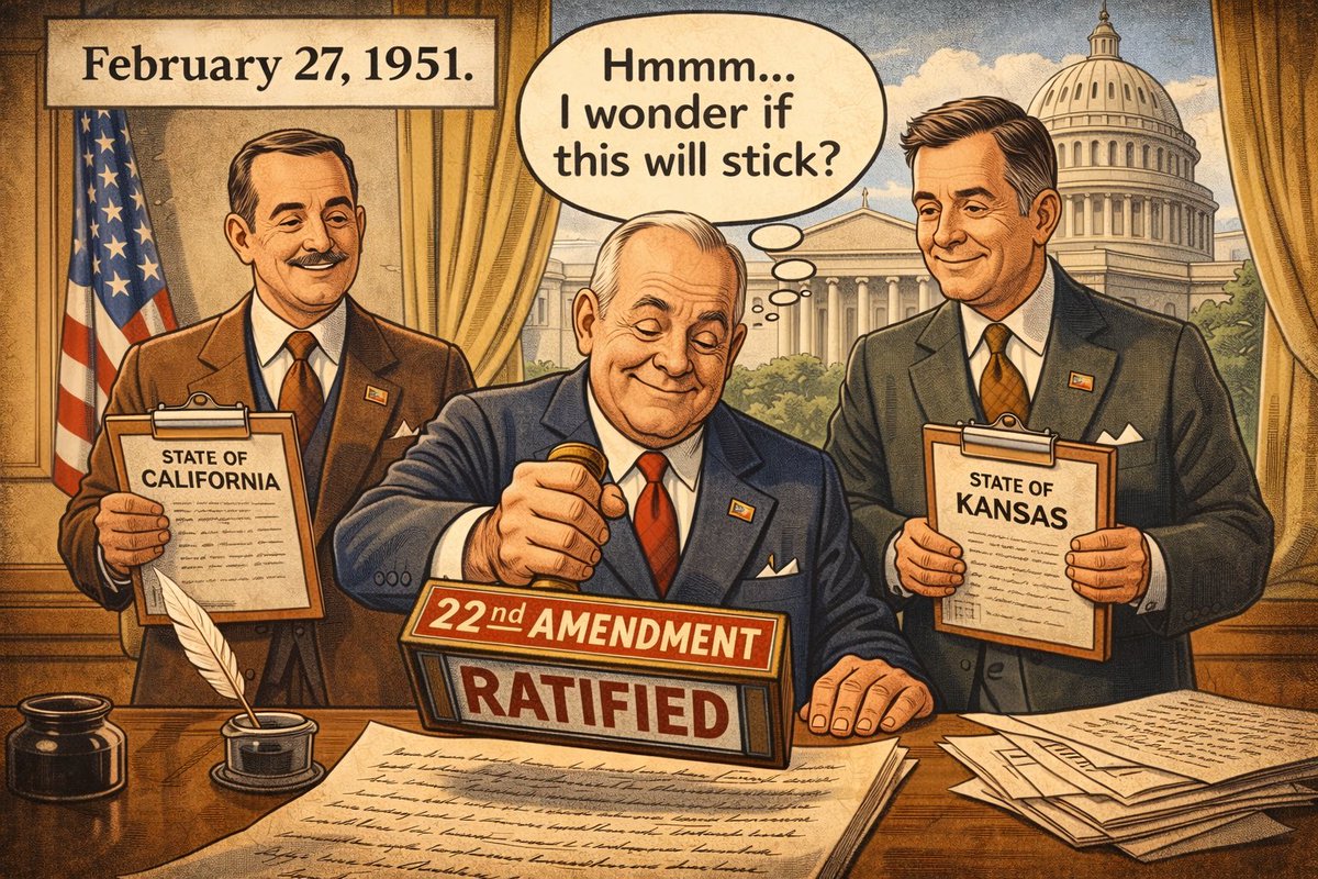 DailySickMoment's tweet photo. 75 years ago today on February 27, 1951.

The U.S. limits presidents to TWO terms.

No dynasties. No forever rule.

Just eight years max.

Smart move?

That was sick.

#trump https://t.co/bI5h8QeVdB