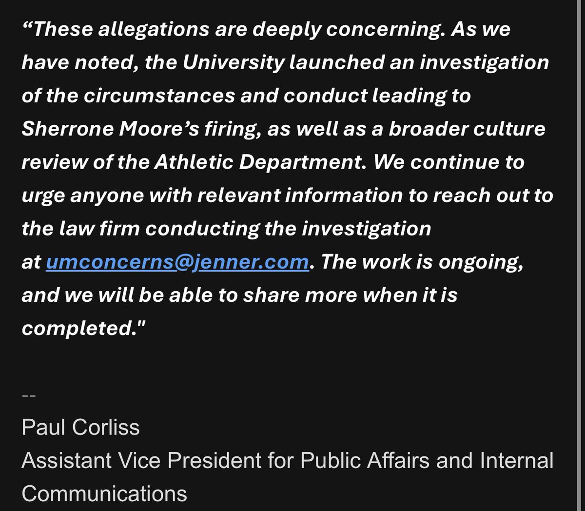A statement from Paul Corliss, University of Michigan assistant Vice President of Public Affairs in response to <a href="/DarkoStateNews/">Justin Spiro</a>’s report of former Michigan football staffer LaTroy Lewis and his alleged sexual and physical assault.