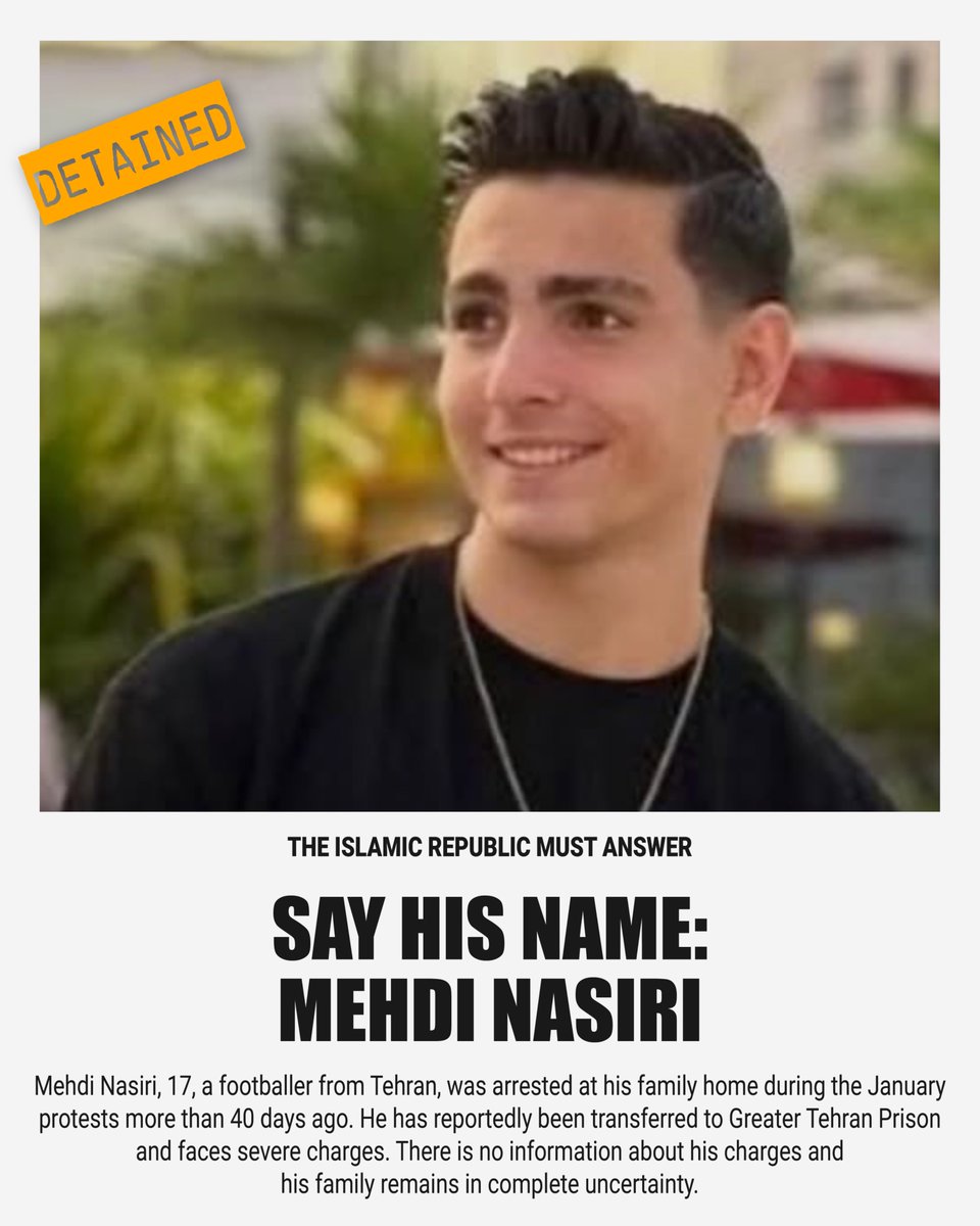saarmot's tweet photo. 17-year-old Mehdi Nasiri, a footballer from Tehran, was arrested at his family home during the January protests more than 40 days ago. He has reportedly been transferred to Greater Tehran Prison and faces serious charges.
⚠️⚠️⚠️
There is no information about the charges, and his family remains in complete uncertainty.

#IranMassacre #مهدی_نصیری #بازداشت_غیرقانونی