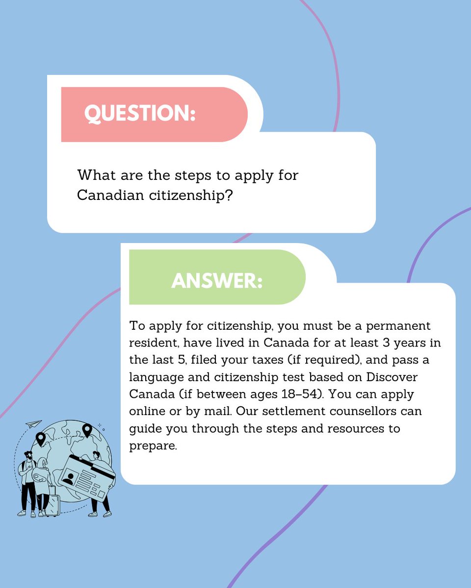 SBurnabyNH's tweet photo. We're sharing answers to some of the most common newcomer questions from our settlement counsellors. ✨

In this post, we walk you through the steps to apply for Canadian citizenship and highlight programs available for internationally trained professionals 🌎💼. https://t.co/w49eAvbVSd