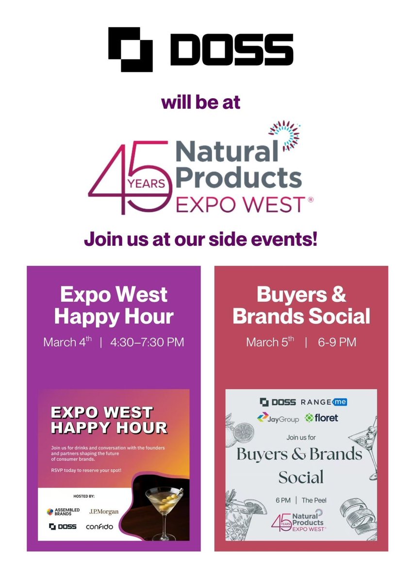 doss_hq's tweet photo. Catch up with our team next week in Anaheim at Natural Products Expo West. We're co-hosting two HHs, RSVP to save your spot! 

March 4th Happy Hour: https://t.co/upPasCLGhl
March 5th Buyers &amp; Brands Social: https://t.co/xArjxDD1fv

#expowest #naturalproductsexpowest #operations https://t.co/epLYzhLb9u