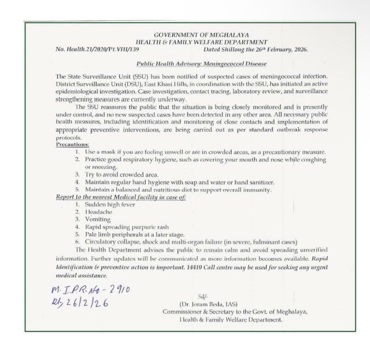 GreenMED28's tweet photo. Hope our @DirHealth_ArPr &amp; @cmaayarunachal in #ArunachalPradesh are fully prepared and proactive, as we share close social, cultural &amp; business ties with #Meghalaya where meningococcal cases are reported.
Prevention, awareness &amp; rapid response are crucial. Public health comes 1st https://t.co/x2t62CbinP