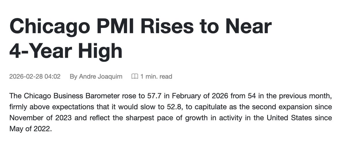 Sykodelic_'s tweet photo. This has sealed the deal.

ISM will be coming in ever higher on March 3rd.

This will be 2 months straight of solid expansion, beating estimates across the board.

All regionals apart from two are higher this month, and the ones that aren't higher are very similar.

January was 52.6.
February will probably be about 53.

Two months in a row, increasing.

The reason the analysts keep getting this wrong is the same reason no one can see what is actually happening here.

We are expanding, and soon we will be climbing the wall of worry whilst everyone asks.... "why are prices up?"

This is hard economic data, rooted in actual business.

All the signs are there you just need to look.