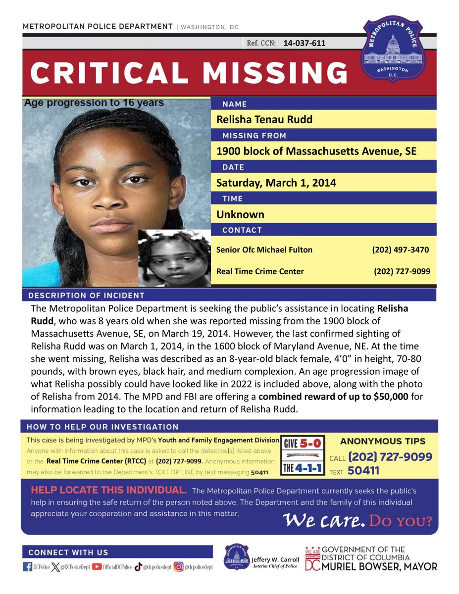 It’s been twelve years since 8-year-old Relisha Rudd went missing, and her case remains open and active. MPD continues to receive tips from the public, and we remain committed to pursuing all information in the search for answers

Have info? Call (202) 727-9099 / text 5041