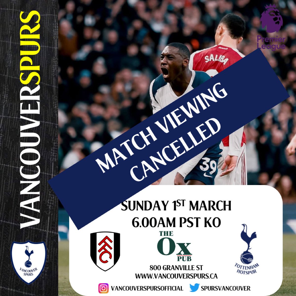 UPCOMING MATCHDAY🚨

Fulham 🆚 Tottenham Hotspur 
⚽️ Sun 1st Mar LIVE 6.00AM PST KO
📍The Ox Pub 800 Granville Street
🏆 Premier League

Due to the early kick off for this one, the pub will not be opening up. COYS

#vancouver #vancouverspurs #COYS #THFC #spurs