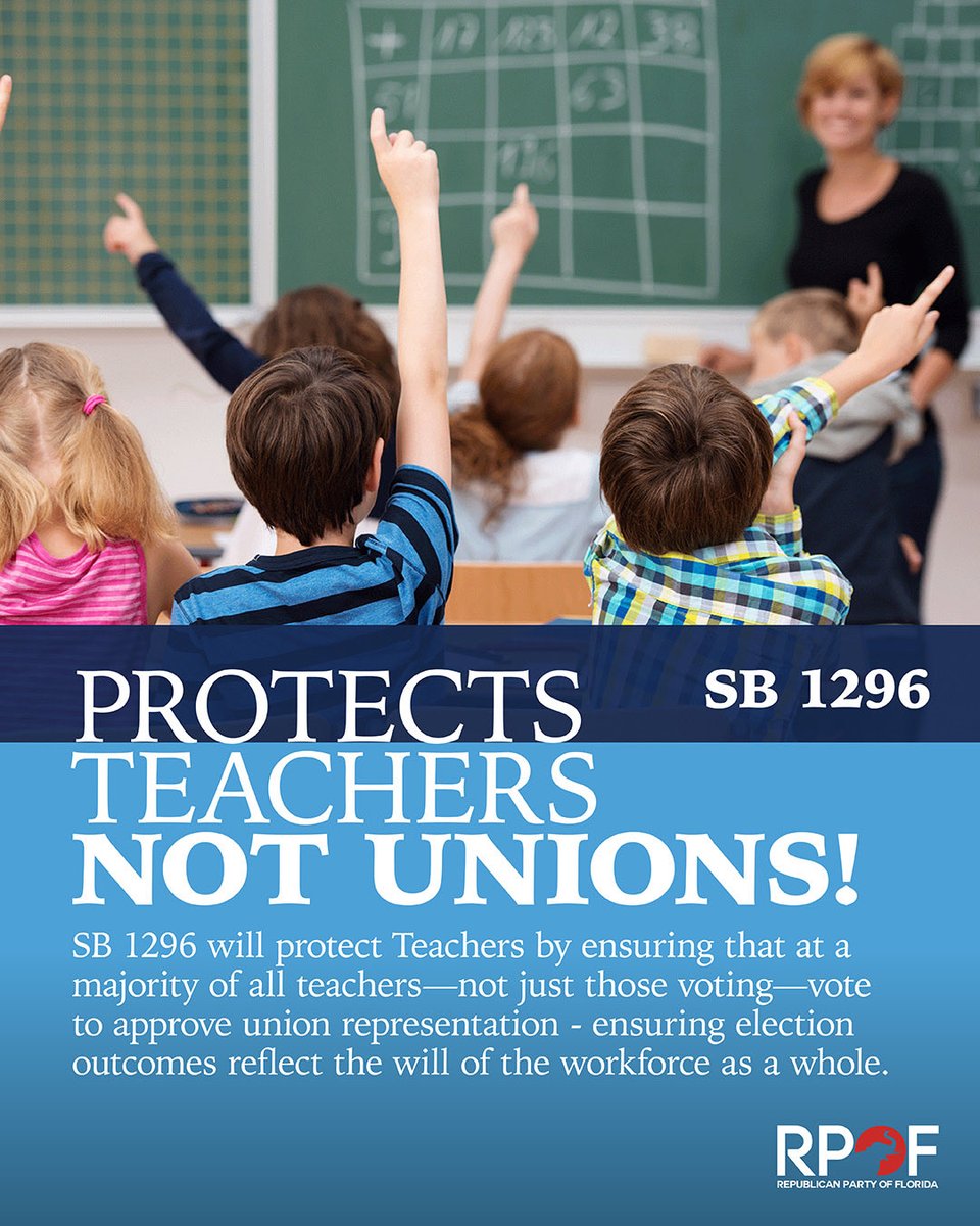 FloridaGOP's tweet photo. PROTECTS TEACHERS, NOT UNIONS! 🍎

SB 1296: Union rep only if a majority of ALL teachers (not just voters) approve it. Real voice for the full workforce!

Final committee: Fiscal Policy, Monday 03/02/26, 12:00 pm, 412 Knott.

Pass SB 1296 - put teachers &amp; students first! 🇺🇸 https://t.co/NdyFscZ3KB