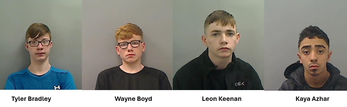 CrimeLdn's tweet photo. Teenagers sentenced for hunting down a teenager boy and stabbing him 16 times with a machete in Hemlington

Bradley and Boyd were found guilty of attempted murder & Keenan and azhar were found guilty of Section 18 abh.

Tyler Bradley, of Middlesbrough was sentenced to 14 years plus three years on extended licence 

Wayne Boyd, of in Middlesbrough was sentenced to 13 years plus three years on extended licence

Leon Keenan, of Middlesbrough was sentenced to four years and four months

Kaya Azhar, of Marske was sentenced to four years