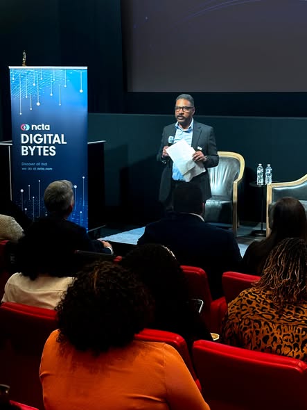 mmtconline's tweet photo. Thanks @NCTAitv for inviting MMTC CEO Robert Branson to participate in the #DigitalBytes discussion that featured a fireside chat between NCTA CEO @CoryGardner & @DrTurnerLee, MMTC alumna, on the future of connectivity, and remarks by @MANANational CEO Amy Hinojosa. https://t.co/2g04dAZq0g
