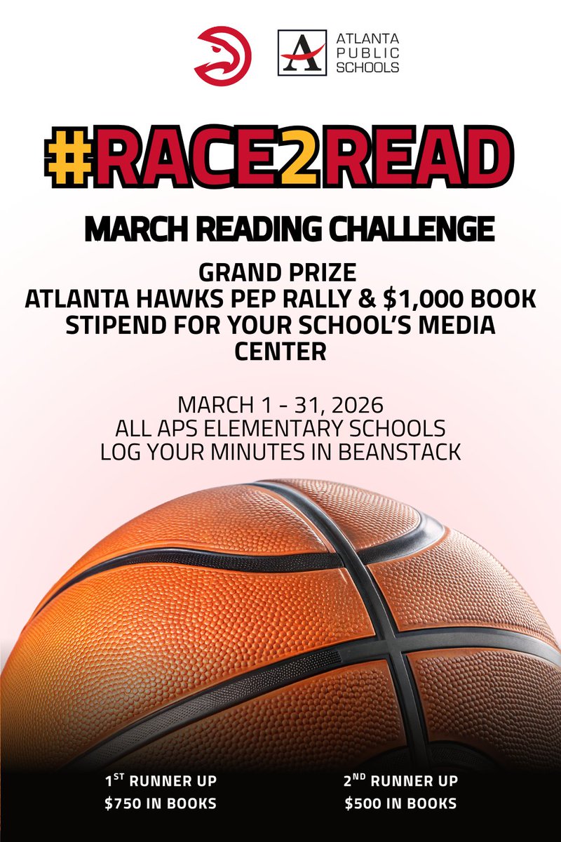 APSMediaServ's tweet photo. The @ATLHawks #RACE2Read challenge begins March 1! Calling all @apsupdate elementary schools - read and log your minutes during the month of March to win a pep rally and books at your school! https://t.co/ahnrICxUYx