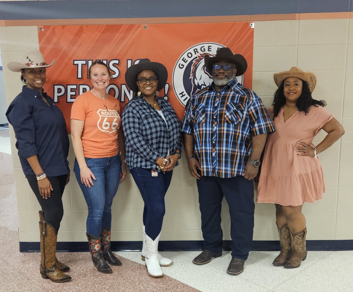 BHS_Broncos's tweet photo. GBHS Admin Team and Co-Coordinator (minus a few) showing up and showing out for #GoTexanDay 🤠🧡We lead with #ClassandCharacter, grit, and heart every single day. This is more than spirit ... #ThisIsPersonal! As we continue to #LeadThePAC and #LevelUp on our #RoadTripToExcellence, just know… we’re #BuiltForThis and #BroncoTough! 🐎🔥💪🏿💯