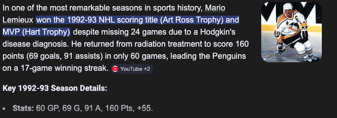jfitzgerald25's tweet photo. In the same number of games as McDavid in 1992/93, Mario Lemieux had double the goals and 60 (!!) more points. 

@SandyPlashkes @JohnnyGiunta_ https://t.co/1QLlsc1iWZ