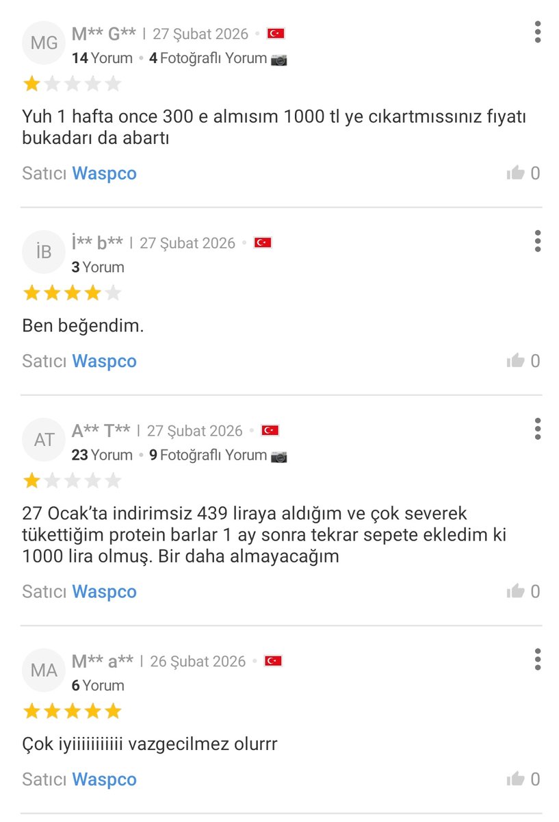 Dün tam bu saatlerde protein bar almak için 390 TL ye sepete eklediğim ürün bugün 1000 TL olmuş. Şaka değil. Bir günde bu fiyat farki neden? Kimse bunlara dur demeyecek mi?