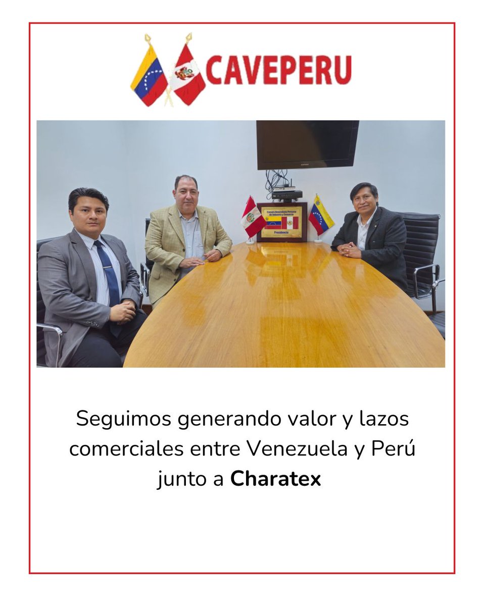 ¡Fortaleciendo lazos para un futuro compartido! 🤝🇻🇪🇵🇪 ​En CAVEPERU, nuestra misión es clara: construir puentes que impulsen el desarrollo económico y comercial entre Venezuela y Perú.
​Hoy, reafirmamos nuestro compromiso de la mano de Charatex