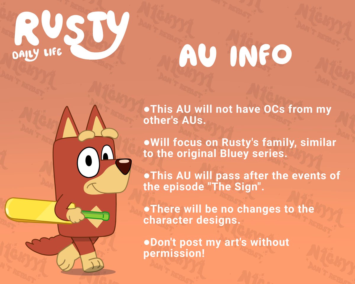 New AU 🔶️Rusty's Daily Life🔶️

I decided to create this AU similar to the original series, but this time  Rusty is the protagonist.

 ⚠️Don't trace or post my art!⚠️

#RustyDailyLife #blueyart #blueyau #blueyartstyle #n1ckyy1 #blueytwt #bluey #blueyrusty
