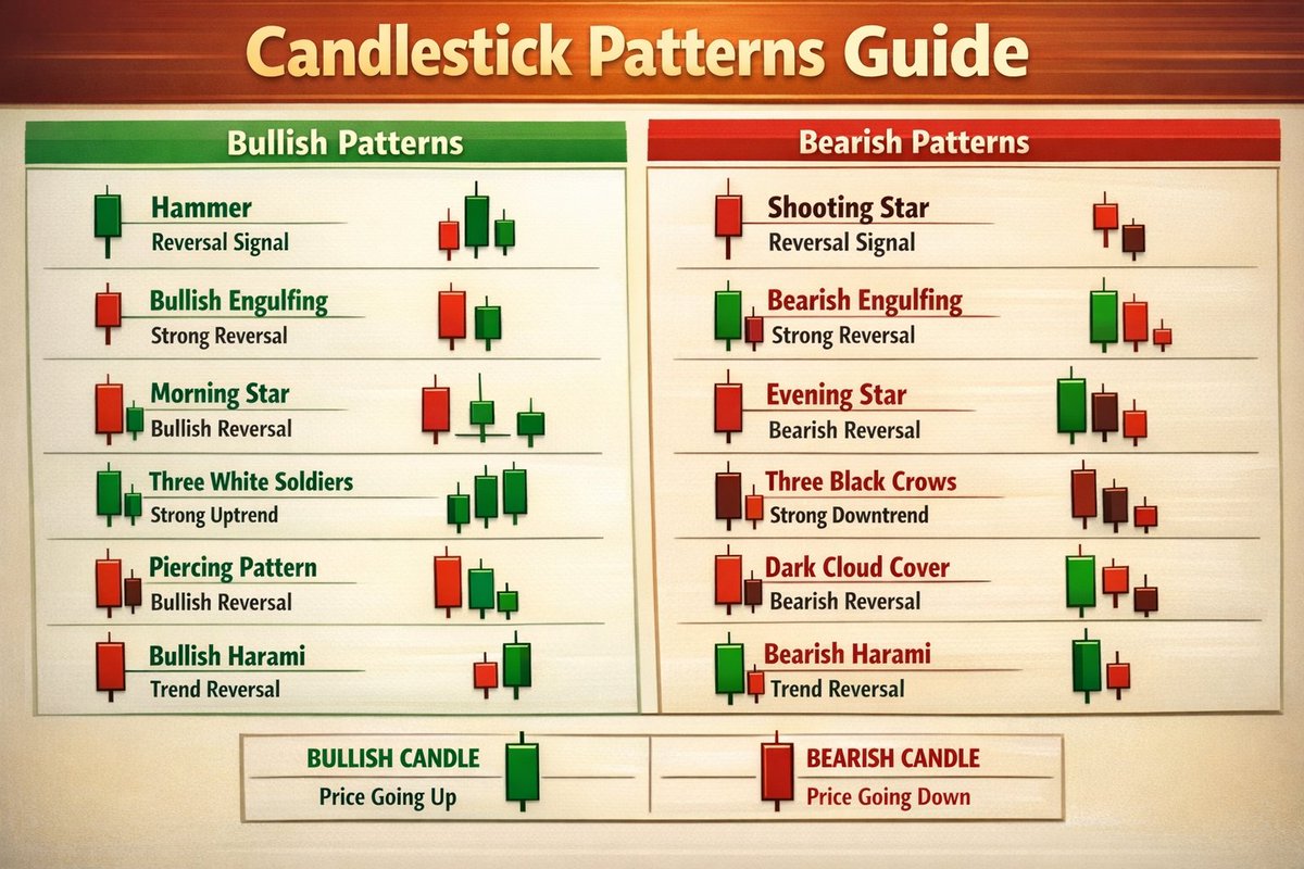 CryptoCrown08's tweet photo. Master your candles, master the chart 👑

Bullish vs Bearish patterns every trader should know:

🟢 Hammer, Bullish Engulfing, Morning Star, Three White Soldiers
🔴 Shooting Star, Bearish Engulfing, Evening Star, Three Black Crows

Patterns alone aren’t enough.
Location + trend + confirmation = edge.

Read the story before the crowd does.

#Crypto #Trading #PriceAction
