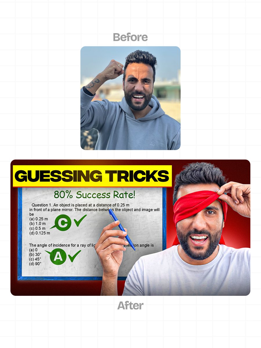 AnkitThumbnail's tweet photo. Concept & Design for Ashu Ghai
Video Topic: Scientific MCQ Guessing Tricks
at Creatortube
#YouTubeGrowth #ThumbnailStrategy https://t.co/fu1PzlwAan