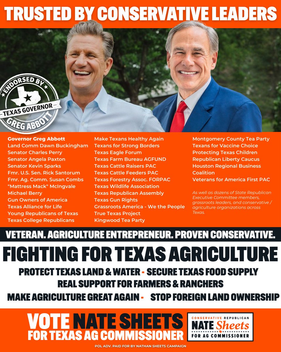 natesheetsforTX's tweet photo. Election Day is almost here. I’m honored to be endorsed by Governor @GregAbbott_TX  and supported by conservative leaders across Texas.

Now it’s time to finish strong. Make your plan. Get to the polls. Let’s win this for Texas agriculture. https://t.co/Ox3QSVVBT5