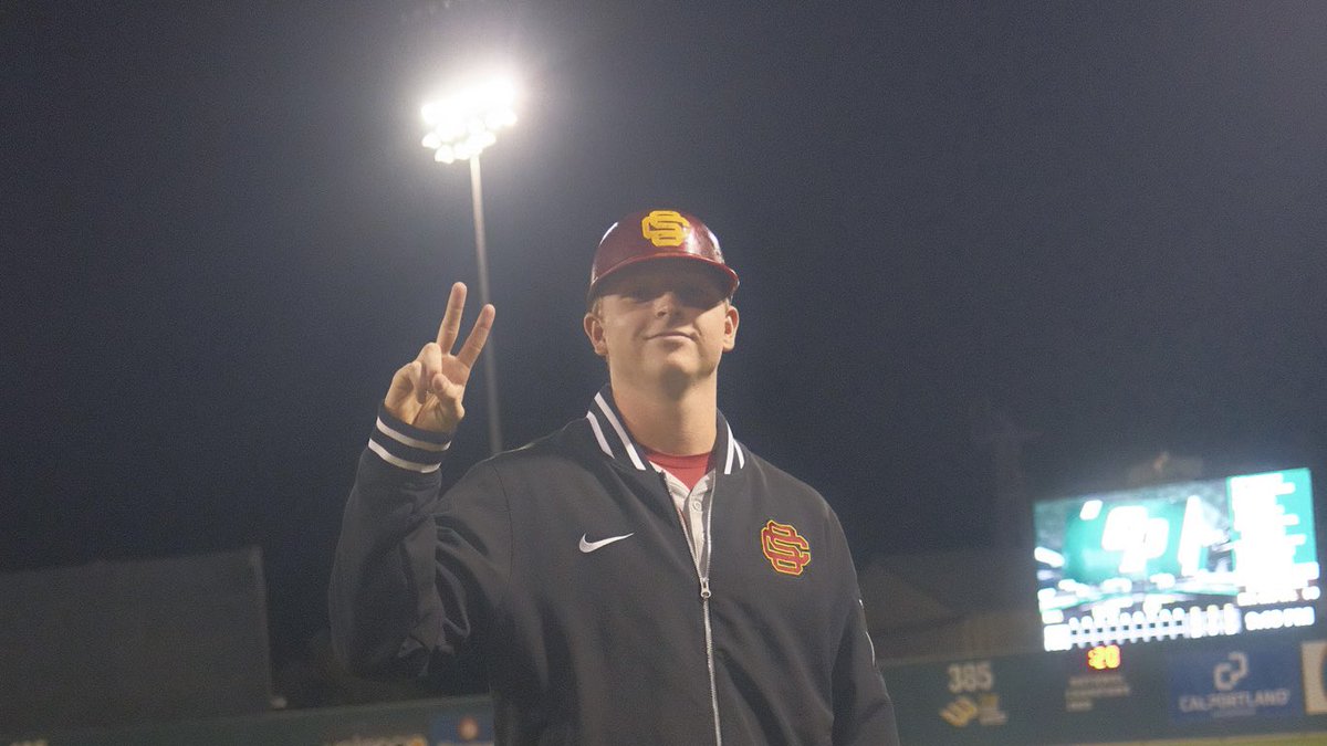 USC_Baseball's tweet photo. Helmet worthy performance from Herrell ✌️

5️⃣ shutout innings in the series opener 💪

#FightOn x #Brick_By_Brick https://t.co/iZS1b7Xv1X