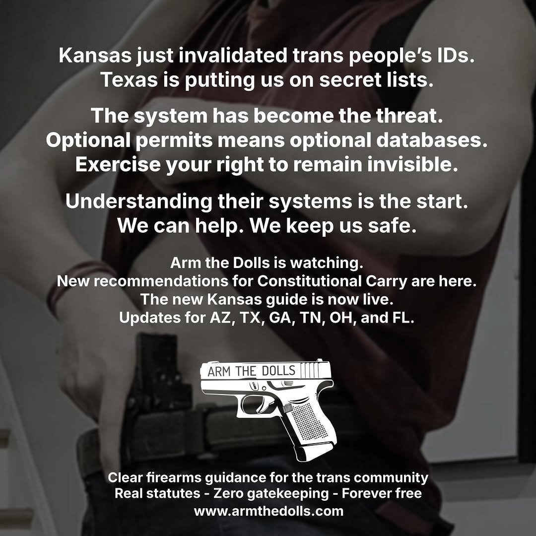In light of Kanas' Senate Bill 244's passage, the Kansas state guide is now live on Arm the Dolls

Please stay safe out there y'all, we will prevail 🫶