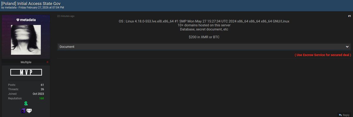 ❗️🇵🇱 A threat actor is selling initial access to a Polish state government server.

System details indicate the server is running Linux (Linux 4.18.0-553.lve.el8.x86_64, AlmaLinux/CentOS-based environment).