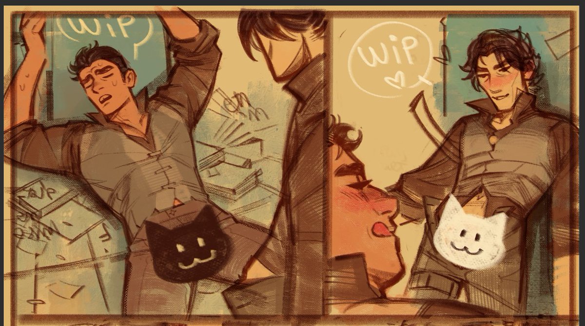 WIP: Hellooooo I'm back! I'm working on various illus, but I'm almost done with a T4T freaky Jayvik short comic, as you can see! It's very hard to work on it with one hand tho, pray for ya girl k?🥹🥹🥹