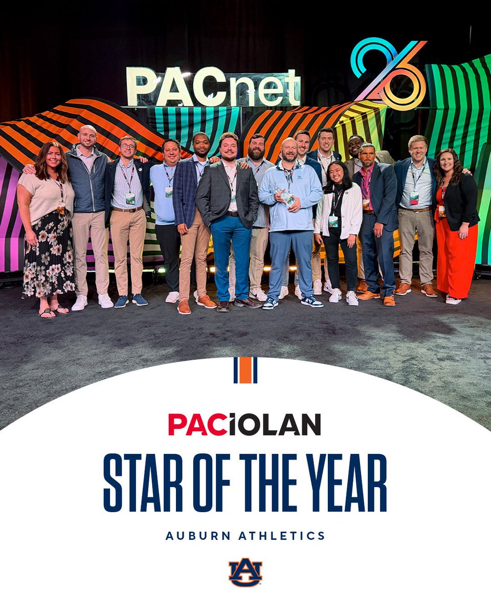 AuburnTigers's tweet photo. Auburn Athletics has been named 2026 Star of the Year by @PaciolanTix — the top award among 500+ partners.

Recognizing Auburn’s innovation in ticketing, marketing &amp; revenue, highlighted by 25% of ticket rev. generated from new non-sport opportunities.

🏆 https://t.co/W8jT16GdBG https://t.co/dbj1BnKHzu