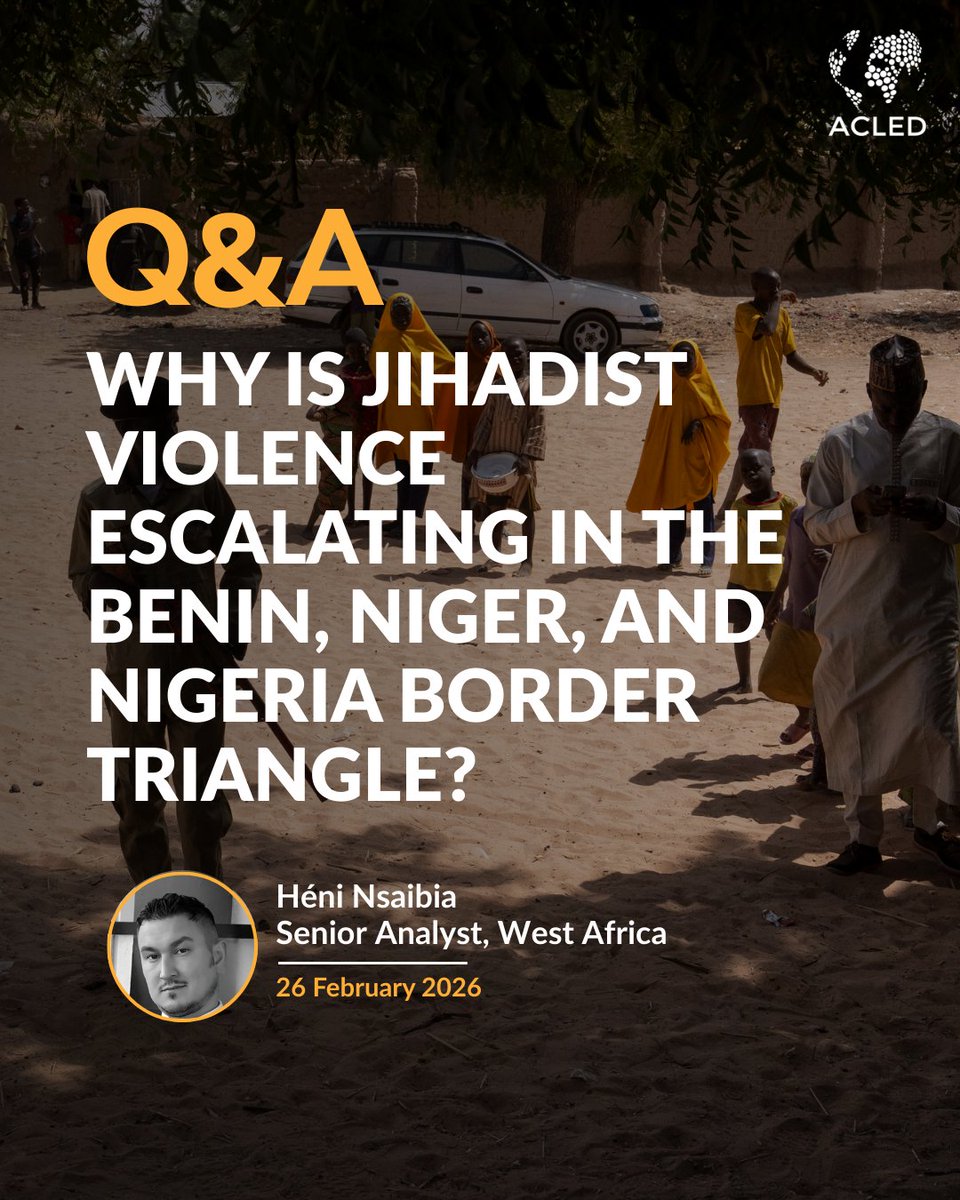 ⬆️86% more attacks. ⬆️262% more fatalities. 

Jihadist violence is expanding across the Benin–Niger–Nigeria borderlands, shifting beyond the Sahel’s traditional epicentres. Armed groups are exploiting governance gaps and porous borders.

🔗Full report: acleddata.com/qa/qa-why-jiha…