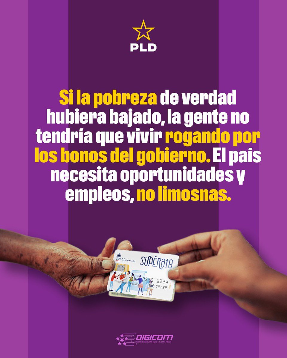 Si la pobreza de verdad hubiera bajado, nadie estaría rogando por bonos del Gobierno.

¡#ConElPLDSeVivíaMejor, con trabajo y progreso, no con migajas! 
#PLDresponde2026⭐️

#NosotrosSíSabemosGobernar #VolvamosAVivirBien
#27DeFebrero